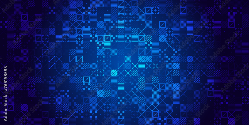 Aufkleber Abstract Blue Pixel Symbols Vector Pattern. Geometric Retro Computer Style Texture. Generative Art Vector Illustration. Vintage 8-bit Game Background. Grid of Pixel Shapes.