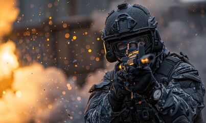 Special forces, soldier police, weapon working, an intense training session in a shooting range, a special forces police officer in full tactical gear, firing at targets, the concentration - obrazy, fototapety, plakaty