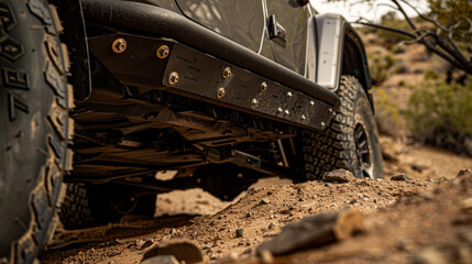 A rugged steel skid plate, mounted under the truck's fuel tank, protecting it from damage during off-road adventures