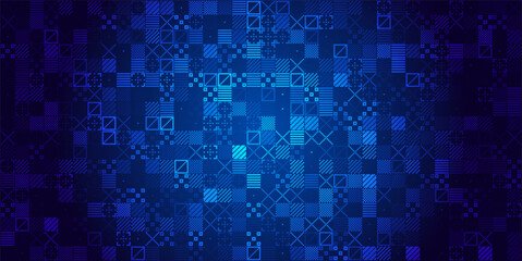 Abstract Blue Pixel Symbols Vector Pattern. Geometric Retro Computer Style Texture. Generative Art Vector Illustration. Vintage 8-bit Game Background. Grid of Pixel Shapes.