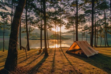 A tent pitched in the middle of a forest, with a serene lake in the background