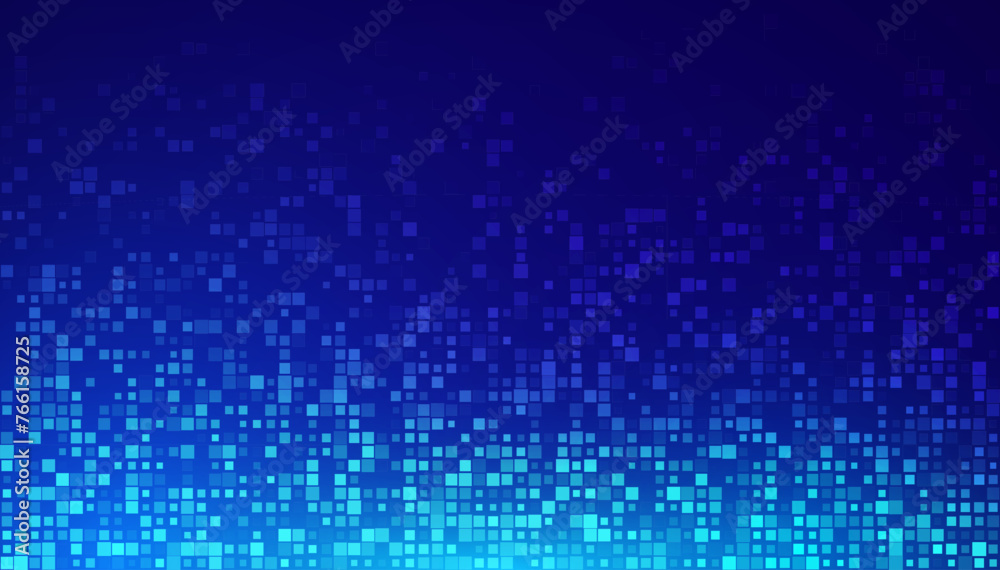 Poster Digital Technology Colorful Blue Pixels Gradient Background. Digital Data Square Blue Pattern. Blue Digital Pixel Mosaic Pattern. Vector Illustration.