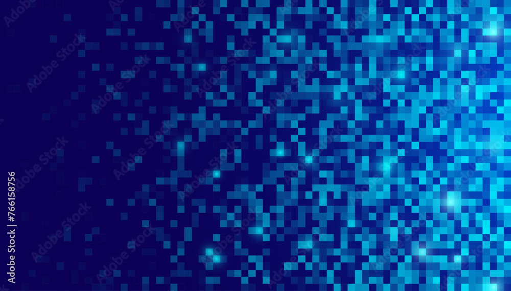 Poster Digital Technology Colorful Blue Pixels Gradient Background. Digital Data Square Blue Pattern. Blue Digital Pixel Mosaic Pattern. Vector Illustration.