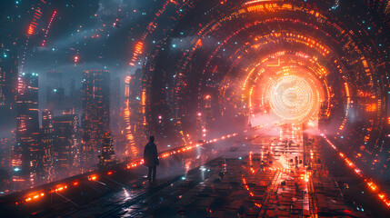 Fototapeta na wymiar A lone figure stands before a dazzling circular portal, with the backdrop of a cyberpunk cityscape enveloped in mist