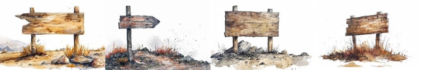 Set of four rustic wooden signposts in various orientations with blank spaces for text, hand-painted in watercolor, ideal for backgrounds or messages, with a desert-like landscape setting