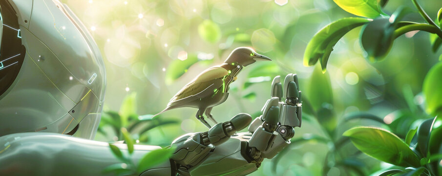 AI robot caring for a little bird, Environmental friendliness and Earth conservation theme