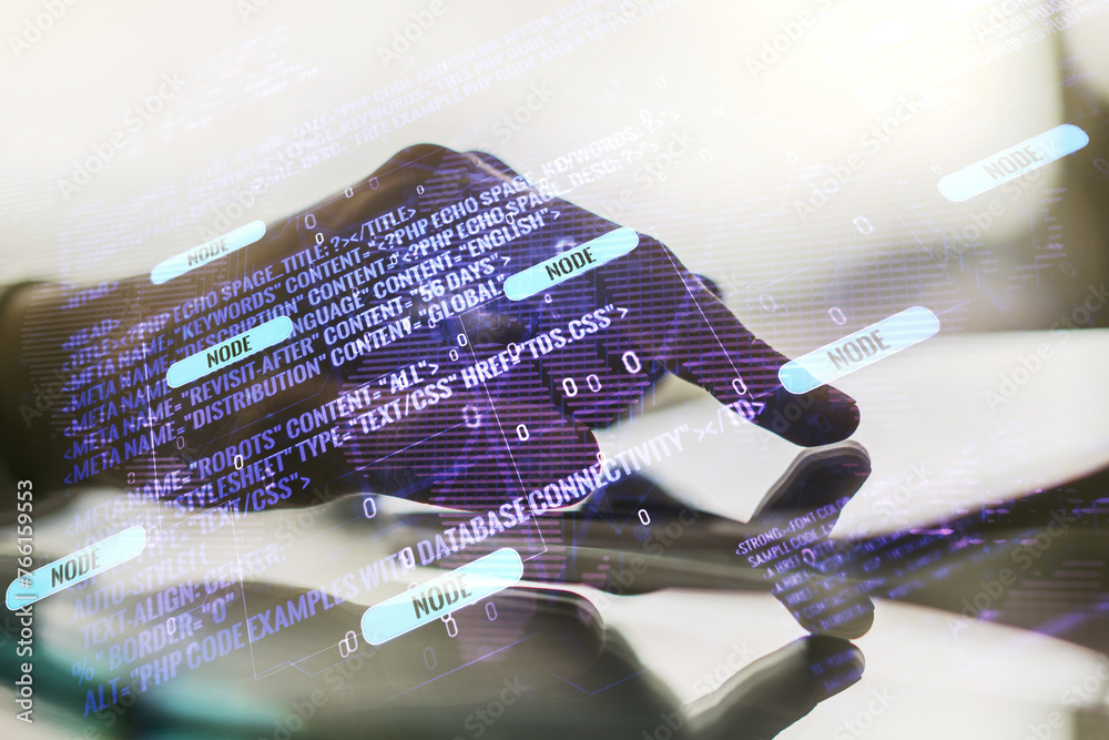Poster double exposure of abstract creative programming illustration with world map and finger clicks on a 