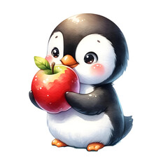 Cute watercolor animal character eating a yummy apple clipart of penguin