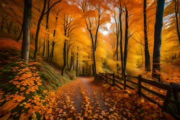 Raamstickers Vibrant trees and a pathway through a dense woodland in the fall season. The forest's autumnal hues produce an amazing sight. A glimpse of nature in the fall © Ramzan Aziz