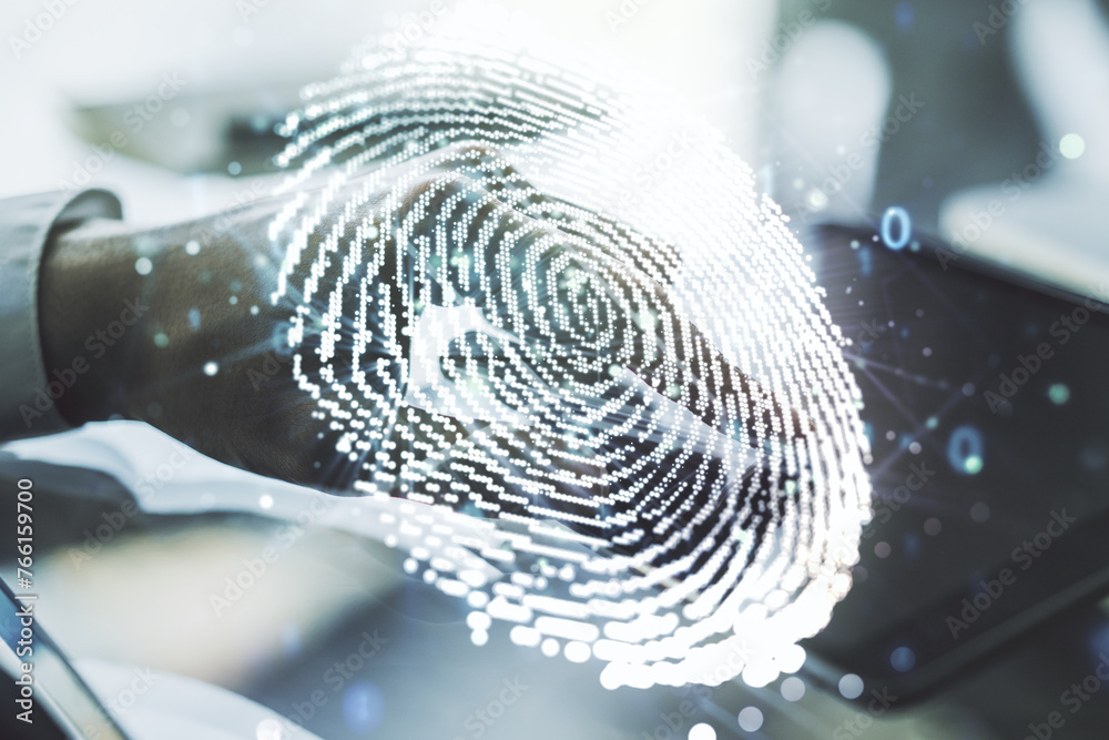 Poster multi exposure of abstract creative fingerprint illustration with finger presses on a digital tablet