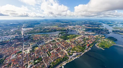 Fototapete Rund Stockholm, Sweden. Panorama of the city in summer in cloudy weather. Aerial view © nikitamaykov