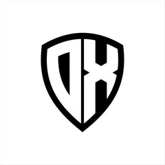 DX monogram logo with bold letters shield shape with black and white color design