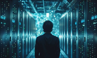 IT Engineer in big database server center office, High Speed Data Transfer, Server Transfer, Technology Science Breakethrough, Progress, Innovation Concept