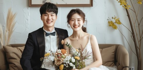 Happy asian couple getting married. Beautiful wedding at asia. Smiling bride and groom portrait. Photo after ceremony. Laughing joyful newlywed. People celebrate their love. Fun young adult lovers.