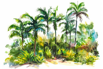 Tropical jungle scenery watercolor painting with lush greenery and palm trees, ideal for travel and vacation-themed backgrounds with copy space