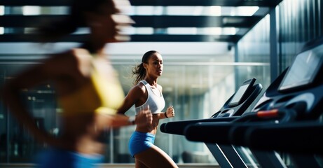 young woman engaging in a cardio workout on a treadmill, energy and movement captured - obrazy, fototapety, plakaty