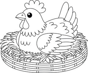 Cute kawaii a mother hen is sitting on eggs in a nest cartoon character coloring page vector illustration