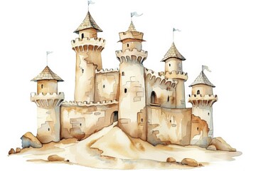 Hand-drawn watercolor illustration of a fairytale castle with multiple towers and flags, ideal for fantasy concepts or children's book backgrounds with ample space for text