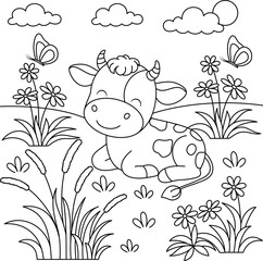 Cute Kawaii Cow on the Meadow Background Cartoon Character Coloring Page Vector Illustration