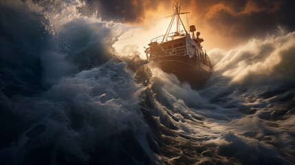 a ship facing a giant wave in the middle of the sea - obrazy, fototapety, plakaty