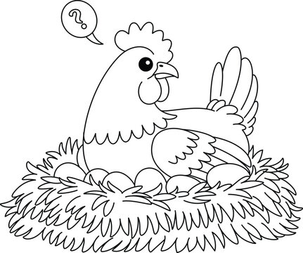 Cute kawaii a mother hen is sitting on eggs in a nest cartoon character coloring page vector illustration