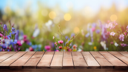 A wooden table against a spring flower meadow background