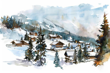 Idyllic alpine village in winter with snow-covered chalets and pine trees, perfect for holiday and travel-themed backgrounds, in watercolor style