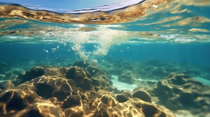 Underwater shoot of an infinite sandy sea bottom with waves on a sea surface