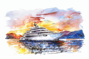 Luxury yacht in watercolor style with vibrant blue sea, ideal for travel and leisure themes as a background or creative projects