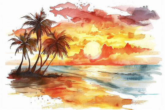 Vibrant watercolor tropical beach sunset with silhouetted palm trees and ample copy space, perfect for travel or vacation-themed backgrounds