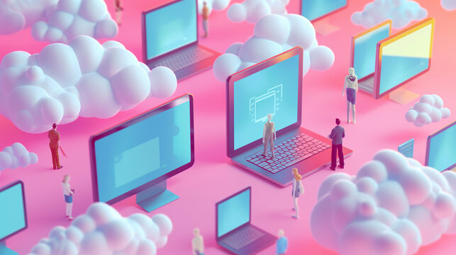 Cloud cost management and cloud cost optimization Software Development, Web Coding 3D concept illustration of collaboration via internet or cloud storage. remote work