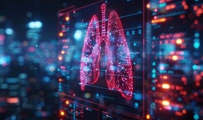 This image features a high-tech digital visualization of human lungs, symbolizing cutting-edge respiratory medicine and diagnostics. - obrazy, fototapety, plakaty