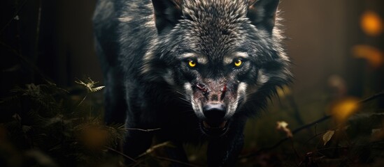Obraz na płótnie Canvas A carnivorous terrestrial animal, the black wolf with yellow eyes, stands in the darkness, its fangs and fur glistening as it stares at the camera