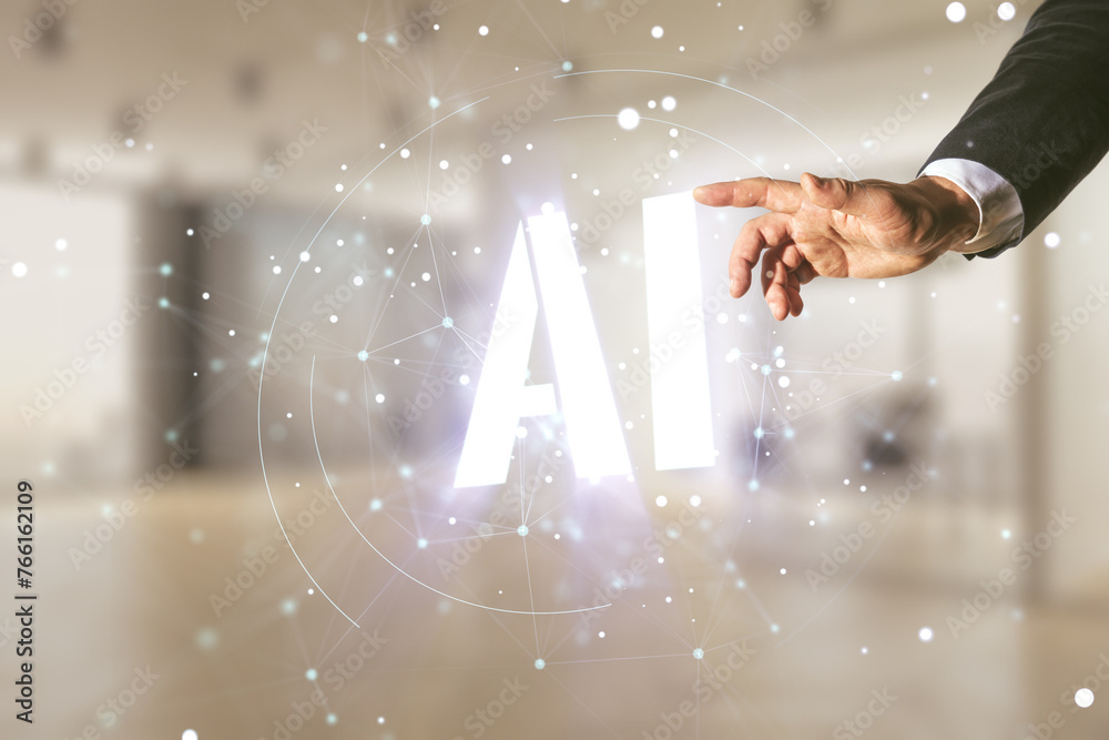 Poster Man hand working with abstract virtual artificial Intelligence symbol hologram on blurred office background. Multiexposure