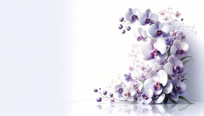 A delicate floral arrangement featuring detailed purple orchids is positioned in the far left corner against a pristine white background. 