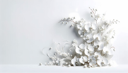 A delicate white floral arrangement featuring detailed white orchids is positioned in the far left corner against a pure white background. 