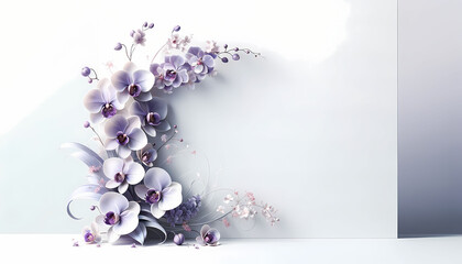  A delicate floral arrangement featuring detailed purple orchids with subtle accents is positioned in the far right corner against a pristine white 