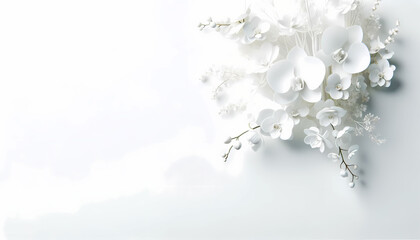 A delicate white floral arrangement featuring detailed white orchids is positioned in the far right corner against a pure white background.