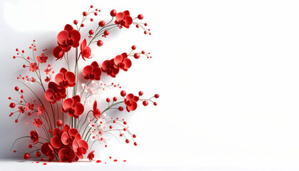 A delicate red floral arrangement featuring detailed red orchids is positioned in the far right corner against a pure white background.
