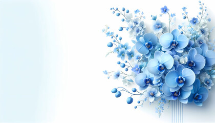 A delicate blue floral arrangement featuring detailed blue orchids is positioned in the far left corner against a pure white background. - obrazy, fototapety, plakaty