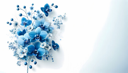 A delicate blue floral arrangement featuring detailed blue orchids is positioned in the far right corner against a pure white background.