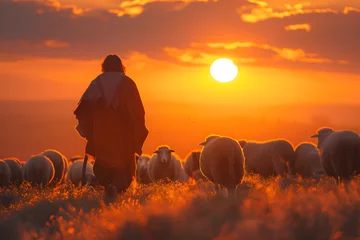 Fotobehang A tranquil sunset scene with Jesus as a shepherd tending his flock of sheep in the countryside. © NE97