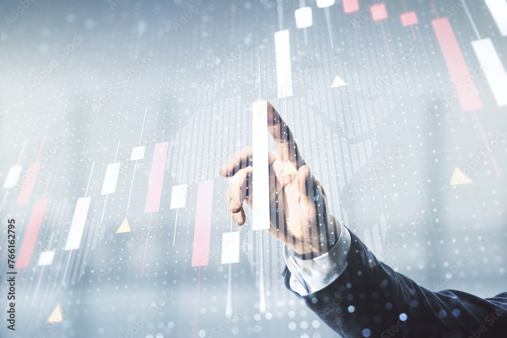 Poster multi exposure of businessman hand working with virtual creative financial graph and world map on bl