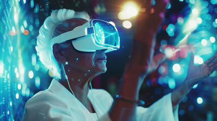 Senior woman wearing VR glasses with big screen