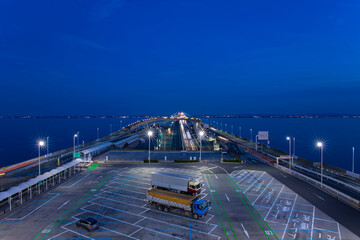 A dusk traffic jam on the highway at Tokyo bay area in Chiba wide shot