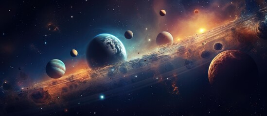 A group of planets, each with its own atmosphere, clouds, and water, soar through the galaxy, creating a beautiful astronomical object in the sky. A stunning art display of space science - obrazy, fototapety, plakaty