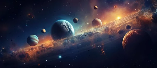 Zelfklevend Fotobehang A group of planets, each with its own atmosphere, clouds, and water, soar through the galaxy, creating a beautiful astronomical object in the sky. A stunning art display of space science © 2rogan