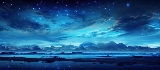 A mesmerizing night sky filled with stars and clouds hangs over a tranquil body of water, creating a breathtaking natural landscape with azure hues reflecting in the calm aqua waters below