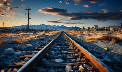 Train Track Cutting Through Desert - obrazy, fototapety, plakaty