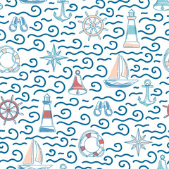 Creative childish nautical vector seamless pattern with marine cartoon elements and waves on white background. Modern nautical childrens textile design.